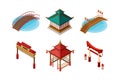 Asian Architecture with Pagoda, Bridge, Gate and Gazebo Isometric Vector Set Royalty Free Stock Photo