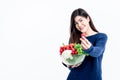 Asian attractive Woman holding glass bowl  contains fruit and fresh vegetables On white background Royalty Free Stock Photo