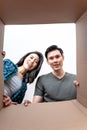 Asian couple Are tired of moving relocation in new home Royalty Free Stock Photo