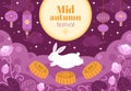 Asian autumn festival. Night fest, full moon light chinese holiday banner. Asian floral branch, mooncake and cute bunny