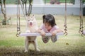 Asian baby baby on swing with puppy Royalty Free Stock Photo