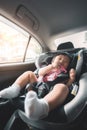 Asian baby girl sitting in car seat chair, Her have smile with happy time. Travel safely concept Royalty Free Stock Photo