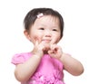 Asian baby girl two fingers touch her face Royalty Free Stock Photo