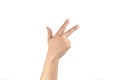 Asian back hand shows and counts 8 eight sign on finger on isolated white background. Clipping path