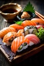 set japanese sushi roll food seafood meal japan rice fish. Generative AI. Royalty Free Stock Photo