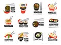 Asian badges. Kitchen logos with national asian products noodles wok ramen and fishes sushi recent vector set