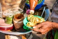 Asian bangladeshi Indian street food velpuri or in india name pani puri. it is very spicy colorful. take the photo in daylight. cl Royalty Free Stock Photo