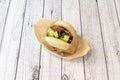 Asian bao bread sandwich stuffed with roast duck with cucumbers Royalty Free Stock Photo