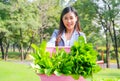 Asian beautiful business woman show the basket of vegetable and present in front of her that relate to green business concept