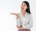 Asian beautiful business woman wear white shirt, smile with confidence, happiness and success, pose and make gesture of hand of Royalty Free Stock Photo