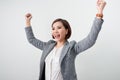 Asian beautiful girl feel happy. smiling woman show hand up successful sign action Royalty Free Stock Photo