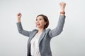 Asian beautiful girl feel happy. smiling woman show hand up successful sign action Royalty Free Stock Photo