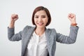 Asian beautiful girl feel happy. smiling woman show hand up successful sign action Royalty Free Stock Photo