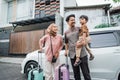 beautiful muslim family with suitcase travelling by car Royalty Free Stock Photo