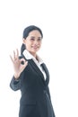 Asian beautiful smart and young businesswoman with black long hair and suit is the executive or manager smiling with confidence