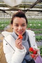 Asian beautiful tourist woman wearing overcoat in strawberry greenhouse