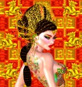 Asian beautiful woman, dragon tattoo on her back, colorful makeup and bra.