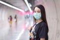 Asian beautiful woman wears black shirt and medical face mask while she walk into Subway tunne. health care,pollution PM2.5 and