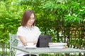 Asian beautiful women have enjoyed with coffee and tablet in the garden. woman freelance relax leisure working anywhere with