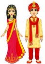 Asian beauty. Animation Indian family in traditional clothes. Royalty Free Stock Photo