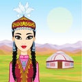 Cartoon drawing: ancient sacred Zikkurat, Goddess Ishtar, phases of the moon.Asian beauty. Animation portrait of a beautiful girl