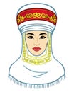 Asian beauty. Animation portrait of a beautiful girl in ancient national turban.