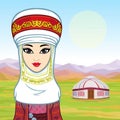Asian beauty. Animation portrait of a beautiful girl in ancient national turban.