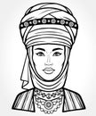 Animation portrait of a beautiful girl in ancient national turban. Married woman `s headdress.