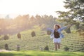 Asian Beauty Girl Outdoors enjoying nature, raising handsand run. Beau Royalty Free Stock Photo