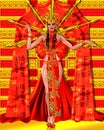 Asian beauty with red and gold fantasy outfit and background.