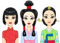 Asian beauty. Set of animation portraits of east girls in traditional clothes. Japan, Korea, China.