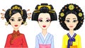 Asian beauty. Set of animation portraits of east girls in traditional clothes. Japan, Korea, China.