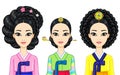 Asian beauty. Set of animation portraits of young Korean girls in ancient clothes with historical hairstyles.