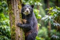Asian black bear climbs rainforest tree Royalty Free Stock Photo