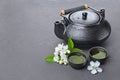 Asian black traditional teapot and teacups with green tea for ceremony Royalty Free Stock Photo