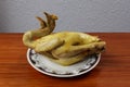 asian boiled chicken, on wood table