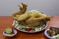 asian boiled chicken, on wood table