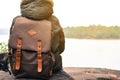 Asian boy backpack in nature winter season, Relax time on holiday Royalty Free Stock Photo