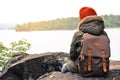 Asian boy backpack in nature winter season, Relax time on holiday Royalty Free Stock Photo