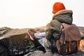 Asian boy backpack in nature winter season, Relax time on holiday Royalty Free Stock Photo