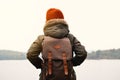 Asian boy backpack in nature winter season, Relax time on holiday Royalty Free Stock Photo