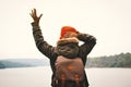 Asian boy backpack in nature winter season, Relax time on holiday Royalty Free Stock Photo