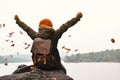 Asian boy backpack in nature winter season, Relax time on holiday Royalty Free Stock Photo