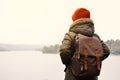 Asian boy backpack in nature winter season, Relax time on holiday Royalty Free Stock Photo