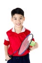 Asian boy in badminton action Royalty Free Stock Photo