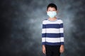 Asian boy Close the nose with mask to aviod PM2.5 on dark mood studio background. Royalty Free Stock Photo