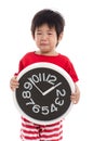 Asian boy crying and holding clock Royalty Free Stock Photo