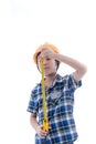 Asian boy dressed like worker holding measuring tape