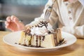 Asian boy eating honey toast Royalty Free Stock Photo