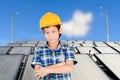 Asian boy with Group of Solar panel system Royalty Free Stock Photo
